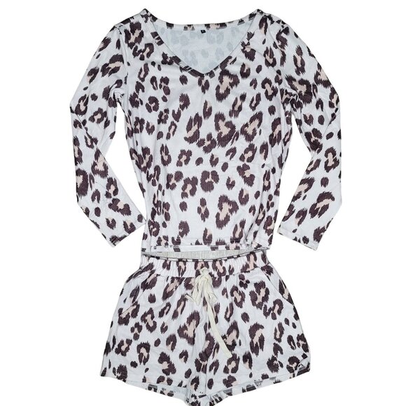 Women's Leopard Print Pajama Set - V-Neck Long Sleeve Top & Drawstring Shorts S - Picture 7 of 8